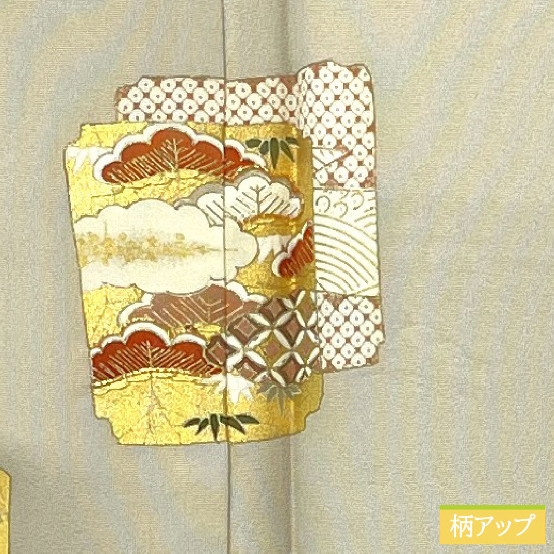 訪問着 正絹 袷 身丈167.5cm 裄丈66.5cm 生成り色（きなりいろ） 京友禅 吉祥文様 付下げ Aランク グレー系 1112005703522