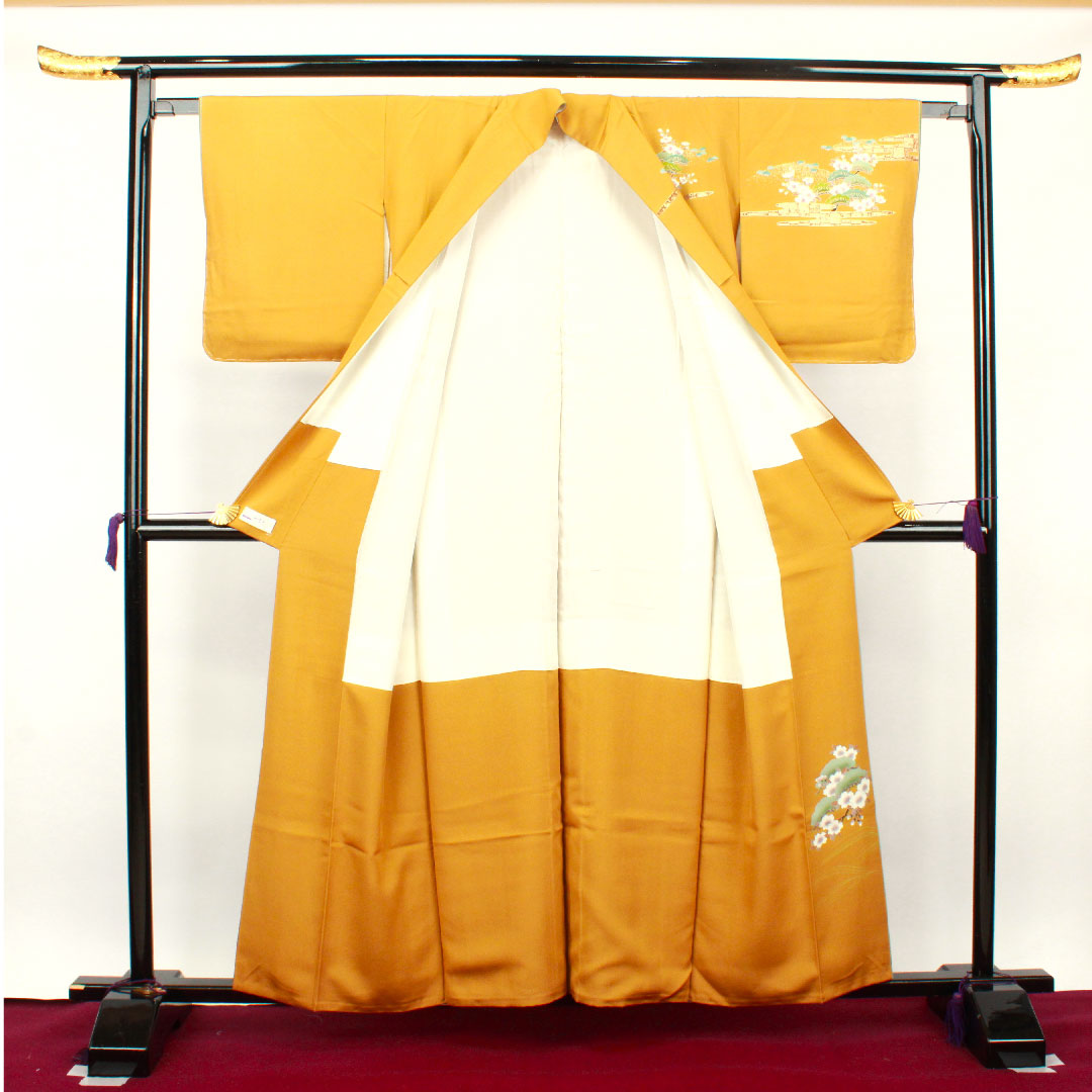 訪問着 袷 身丈158.5cm 裄丈61.5cm 小麦色 京友禅 桜 正絹 Sランク 黄系 1112002212323