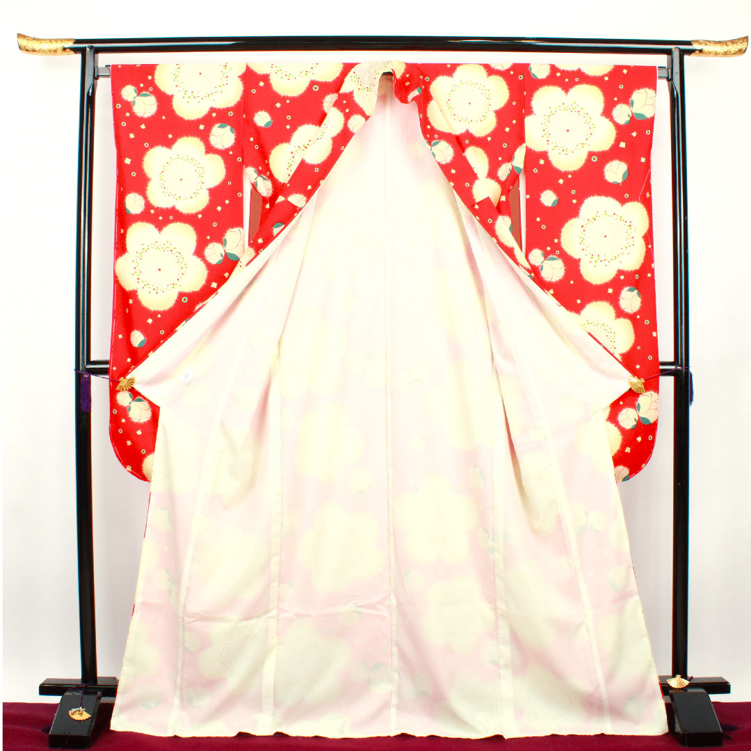 振袖 身丈171.5cm 裄丈67.5cm 袷  土耳古赤色 洗える着物 桜  ポリ Sランク 赤系 1113001082612