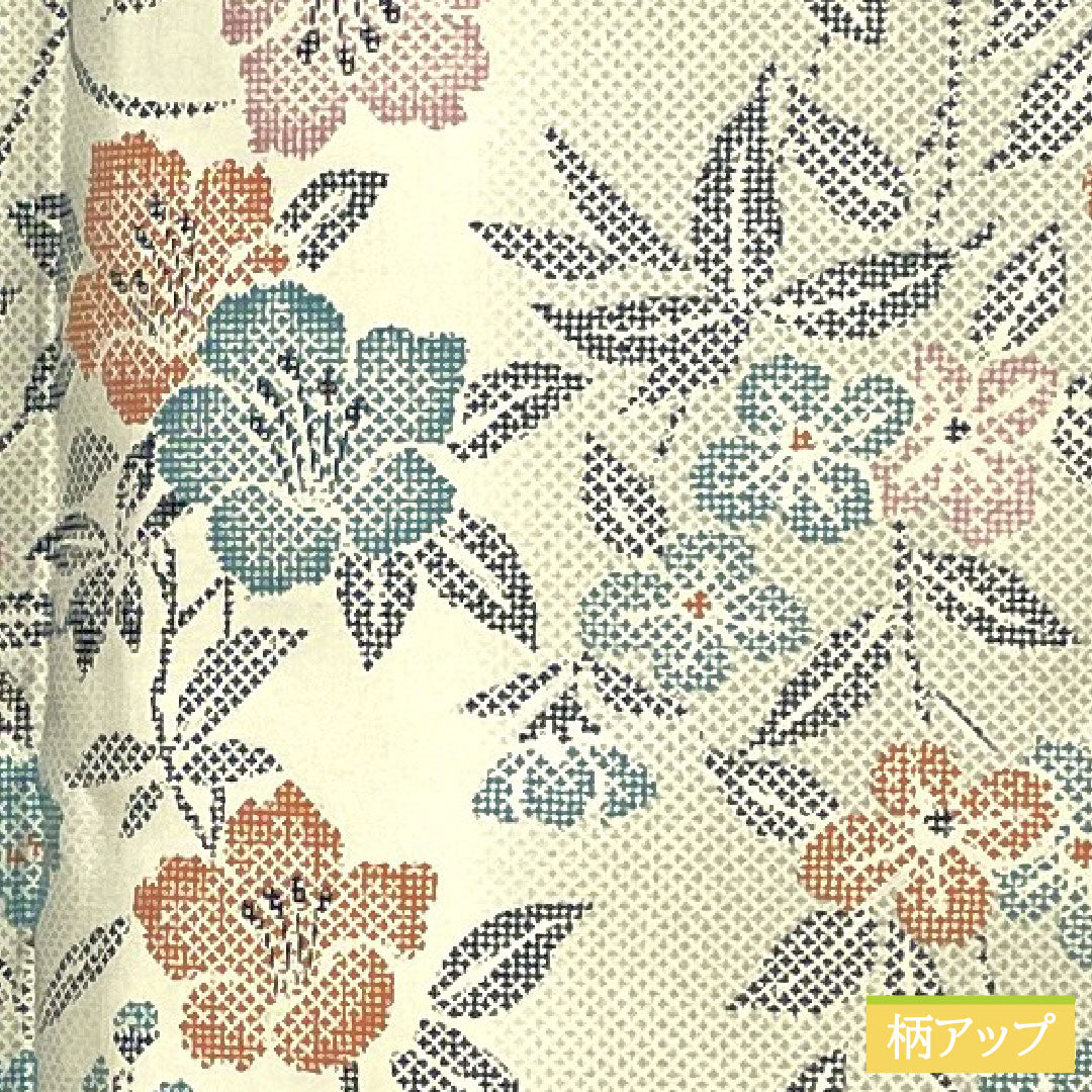 小紋 ポリエステル 身丈165cm 裄丈66cm 袷 胡粉色（ごふんいろ） 洗える着物 草花模様 Aランク グレー系 1115004513522