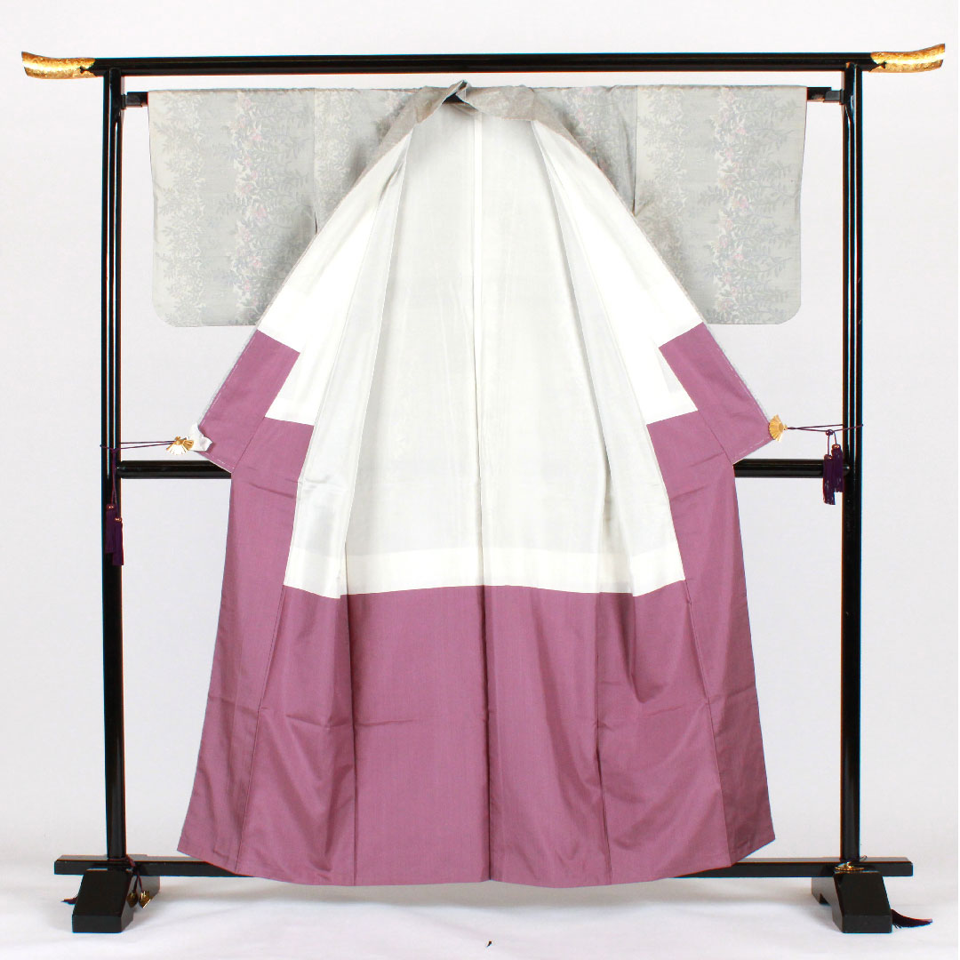 大島紬 身丈160cm 裄丈66cm 草花模様 正絹 Bランク 袷 グレー系 1116001484422