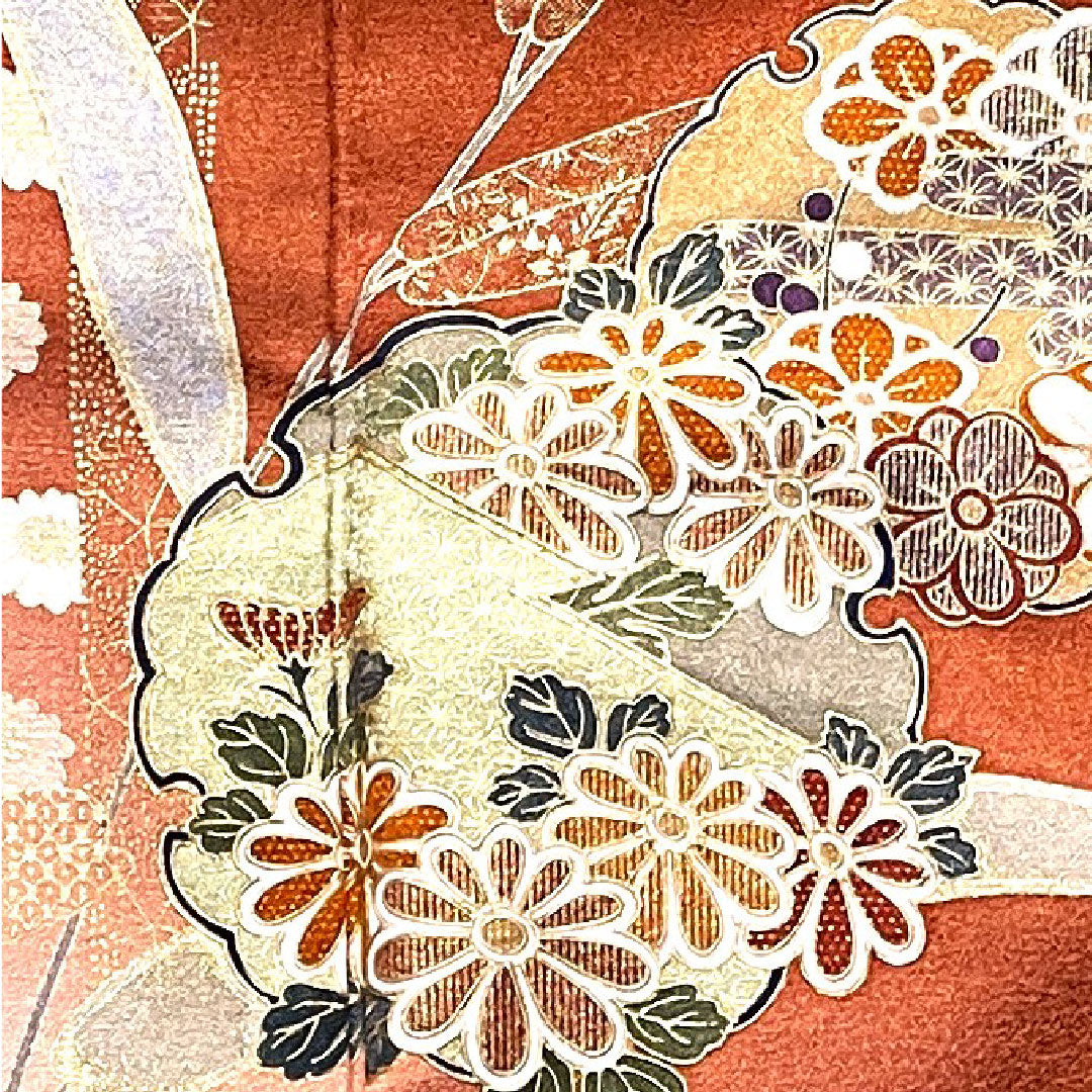 訪問着 正絹 袷 身丈162.5cm 裄丈67cm 赤蘇芳色 京友禅 蝶 雪輪 菊 しつけ糸付き 未使用品 Sランク 橙系 1112003042426