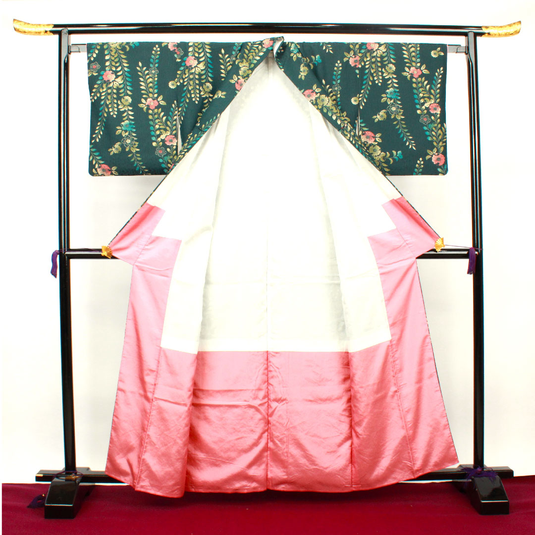 Small pattern, Length 161cm, Sleeve length 64.5cm, Awase, Iron color, Washable kimono, Tsujigahana, Polyester, S rank, Green, 1115002612419