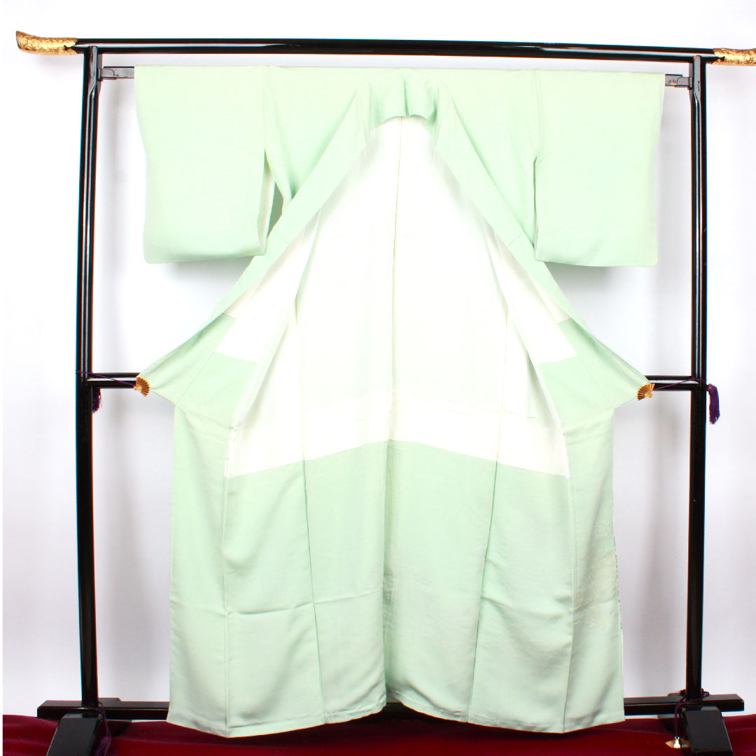 色留袖 身丈161.5cm 裄丈63cm 袷 錆青磁色 寿光織 風景模様 抱き茗荷 正絹 Bランク 三つ紋 緑系 1111000454419