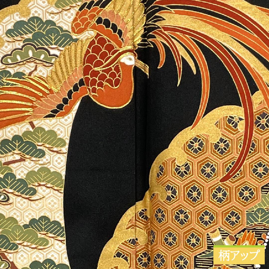 黒留袖 正絹 Aランク 身丈163cm 裄丈66cm 袷 京友禅 五つ紋 桔梗 鳳凰 立浪 宝尽くし 松 五つ紋 黒系 1111002123410