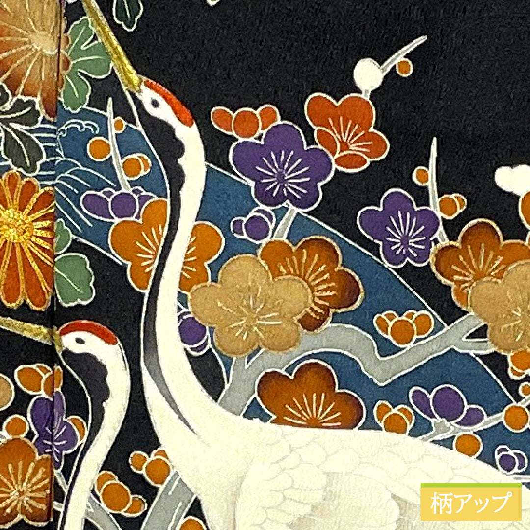 Black formal kimono, pure silk, length 165cm, sleeve length 63cm, lined, Kyoto Yuzen, crane, chrysanthemum, bamboo, plum, five crests, sword and katabane, A rank, black, 1111001503510