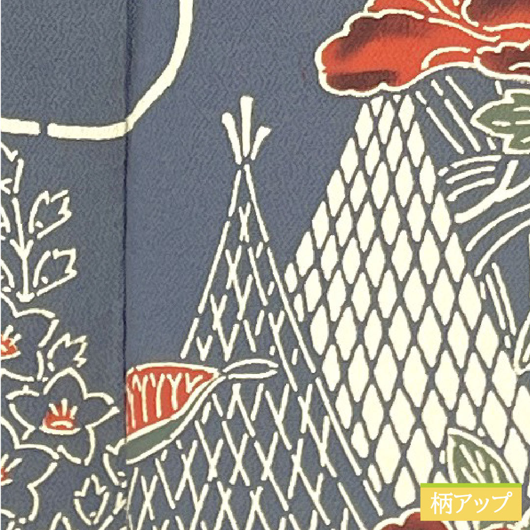 Homongi (formal kimono) made of pure silk, lined, length 157.5cm, sleeve length 64cm, Minato gray, Kyoto Bingata, aboshi pattern, floral pattern, A rank, blue, 1112004883317