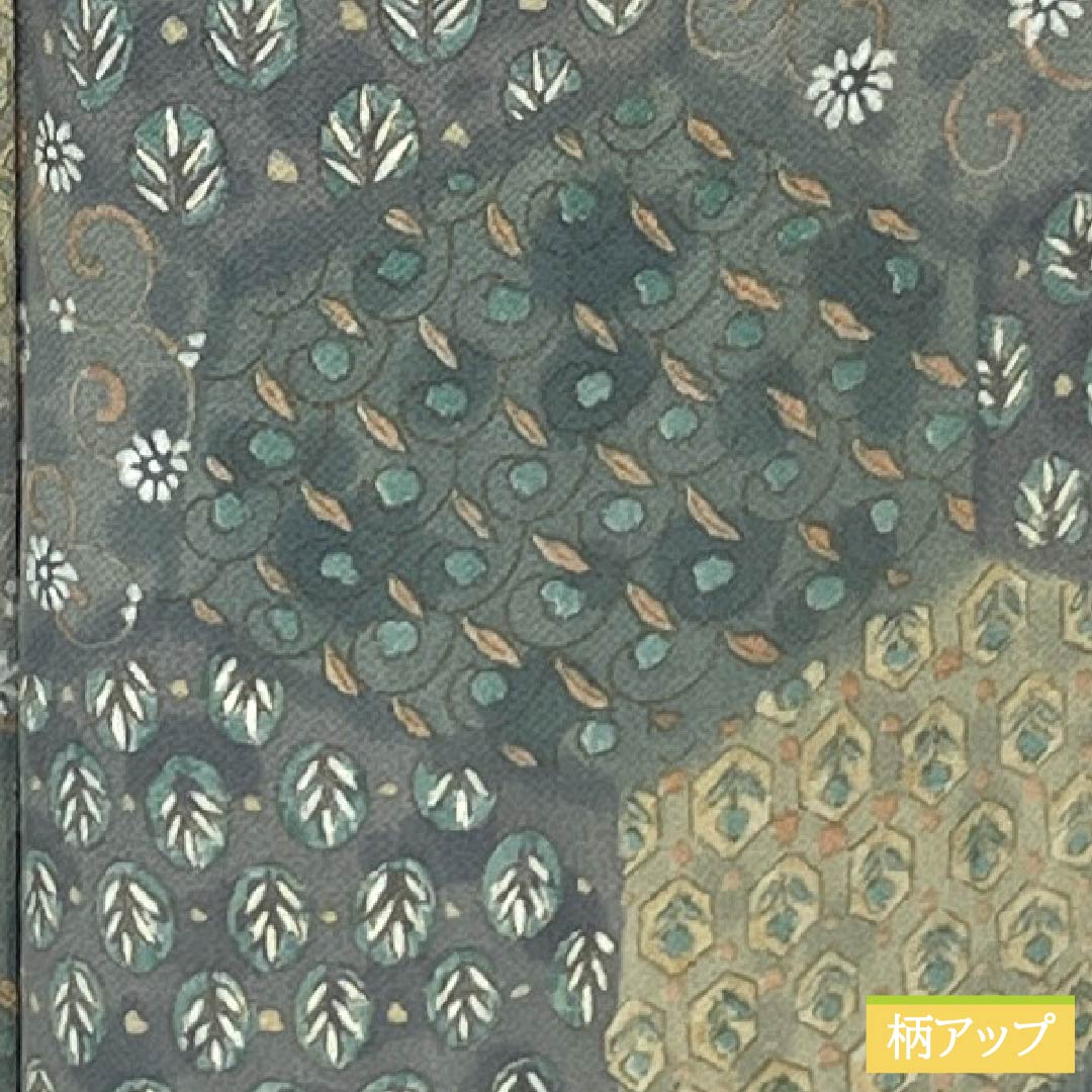 Komon silk S-rank kimono, length 159cm, sleeve length 64cm, lined, Rikyu gray (Rikyu Nezumiiro) crepe fabric, split, chintz, stencil dyed, green, 1115006522319