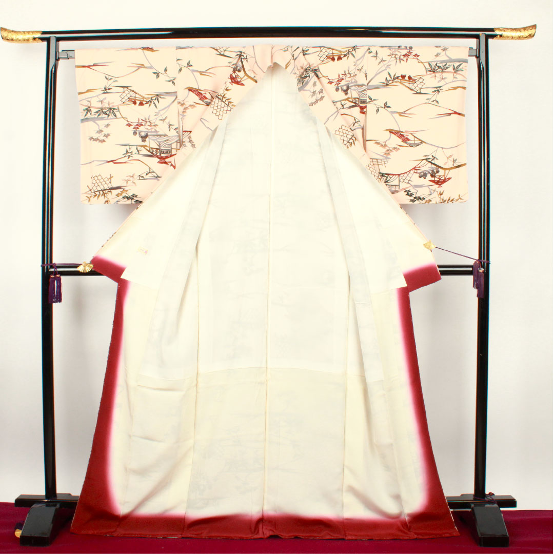 小紋 身丈165.5cm 裄丈66cm 袷  洗柿色 型染 風景模様  正絹 Aランク ピンク系 1115002093513