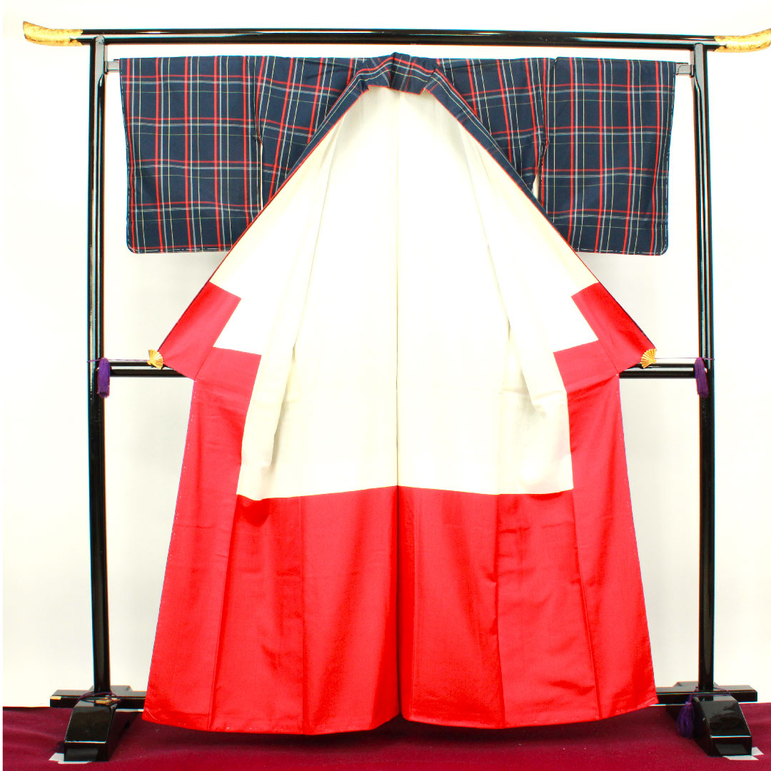 縞大島 身丈162.5cm 裄丈65.5cm 濃紺色 格子 正絹 Aランク 袷 紺系 1116002343418