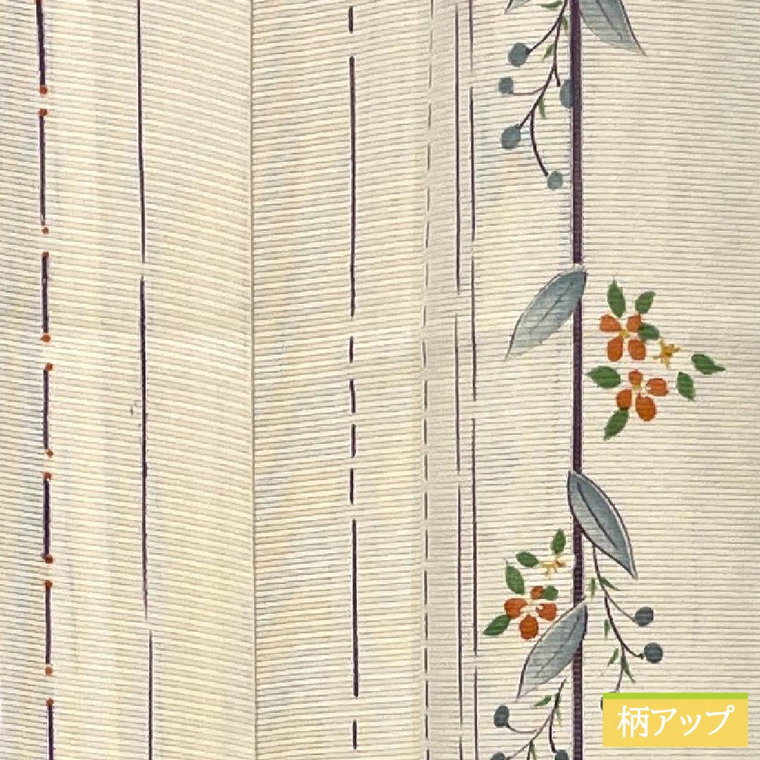 夏物 正絹 小紋 身丈153cm 裄丈62cm 生成り色（きなりいろ） 京友禅 縞 小花 絽 Aランク クリーム系 1132002053215