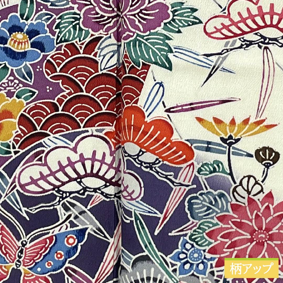 訪問着 正絹 Aランク 袷 身丈155.5cm 裄丈62cm 深紫色（ふかきむらさきいろ） 京紅型 松竹梅 蝶 扇面 菊 紫系 1112006403320