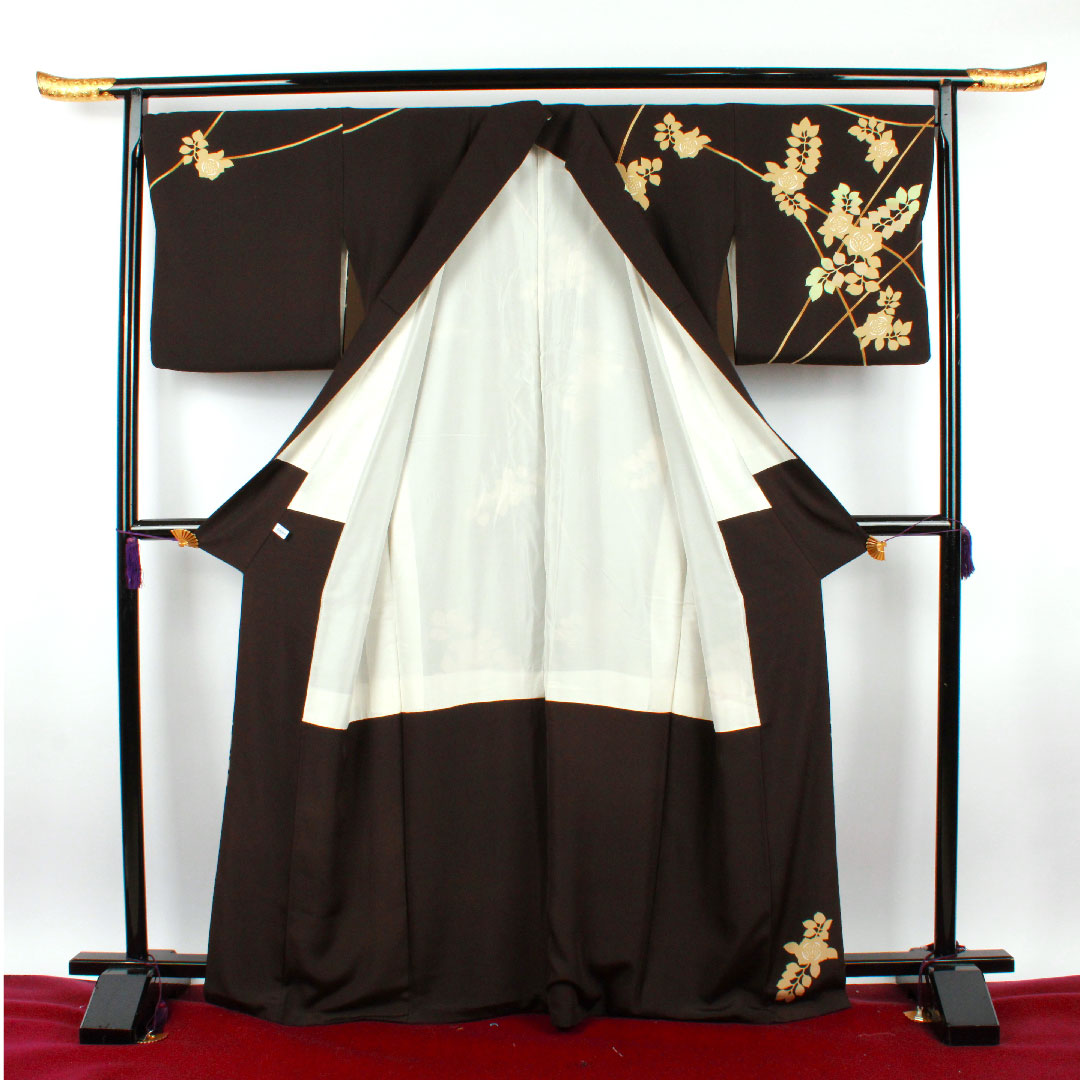 訪問着 袷 身丈161cm 裄丈70cm 黒鼠色 手描き友禅 草花模様 正絹 Sランク 黒系 1112001762410