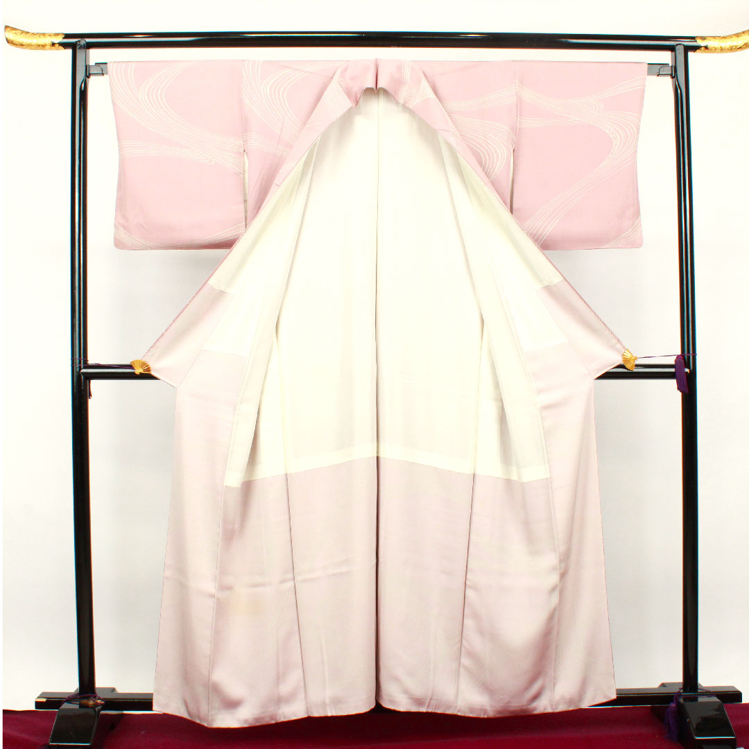 訪問着 袷 身丈157.5cm 裄丈62.5cm 退紅色 流水 草花模様 正絹 Aランク ピンク系 1112002183313