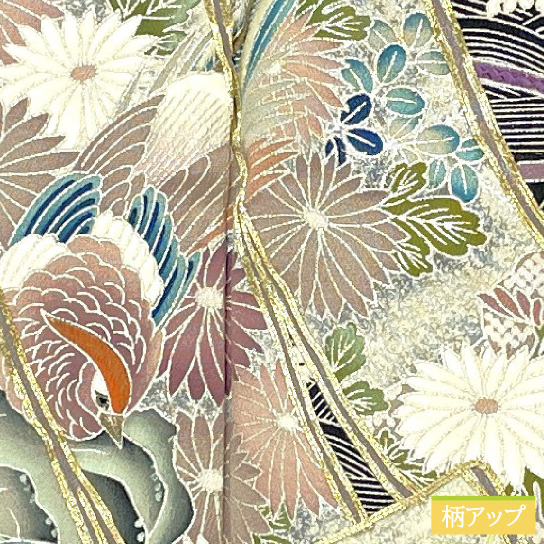 Black formal kimono, pure silk, length 154cm, sleeve length 61.5cm, lined, Kyoto Yuzen, pine, bamboo and plum, folding screen, five crests, circle with ivy, A rank, black, 1111001653210