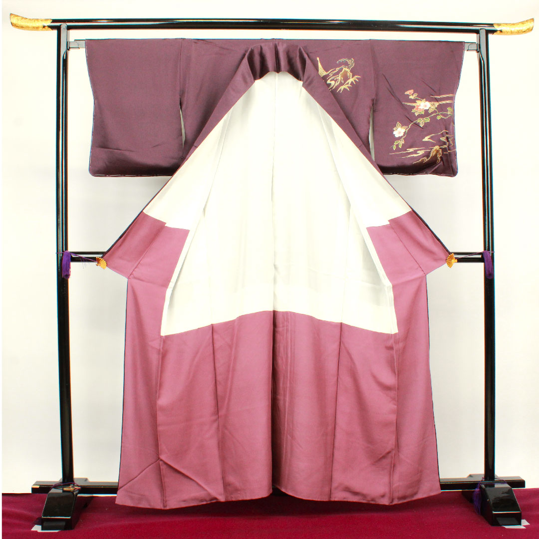 訪問着 袷 身丈160.5cm 裄丈65cm しつけ糸付き 深紫色 京友禅 草花模様 正絹 Aランク 紫系 1112002413420