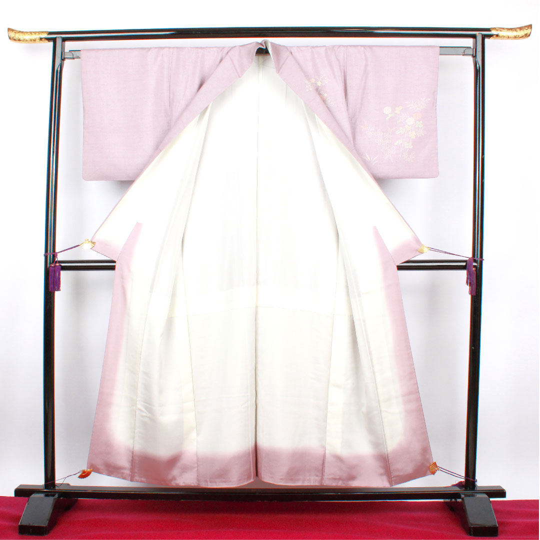 訪問着 袷 身丈153cm 裄丈60.5cm 草花模様 紬地 淡紅藤色 正絹 Aランク 紫系 1112001483220