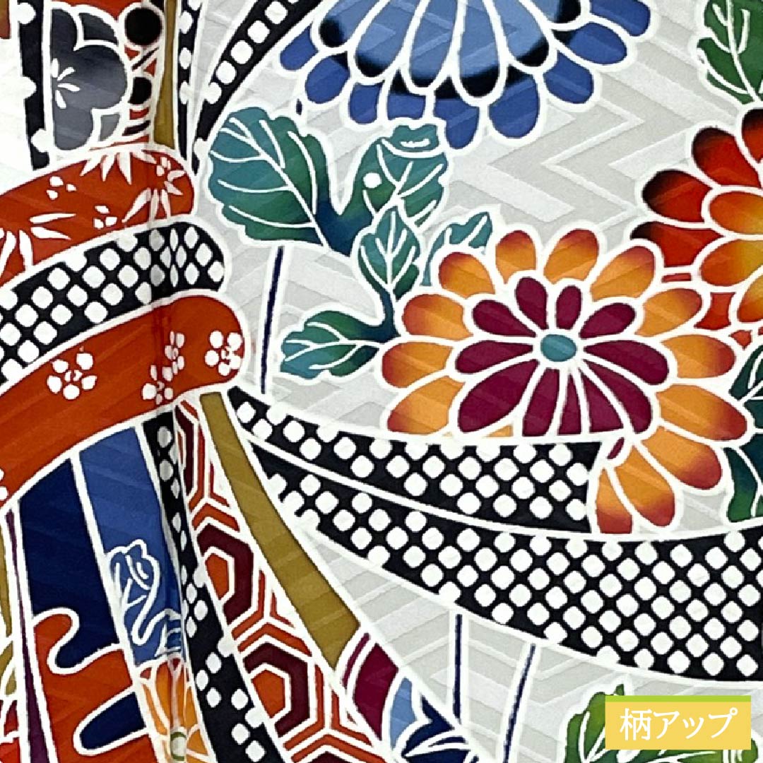 振袖 正絹 Sランク 身丈160.5cm 裄丈64cm 袷 銀白色（ぎんはくしょく） 京友禅 束ね熨斗 紗綾形 グレー系 1113002462422