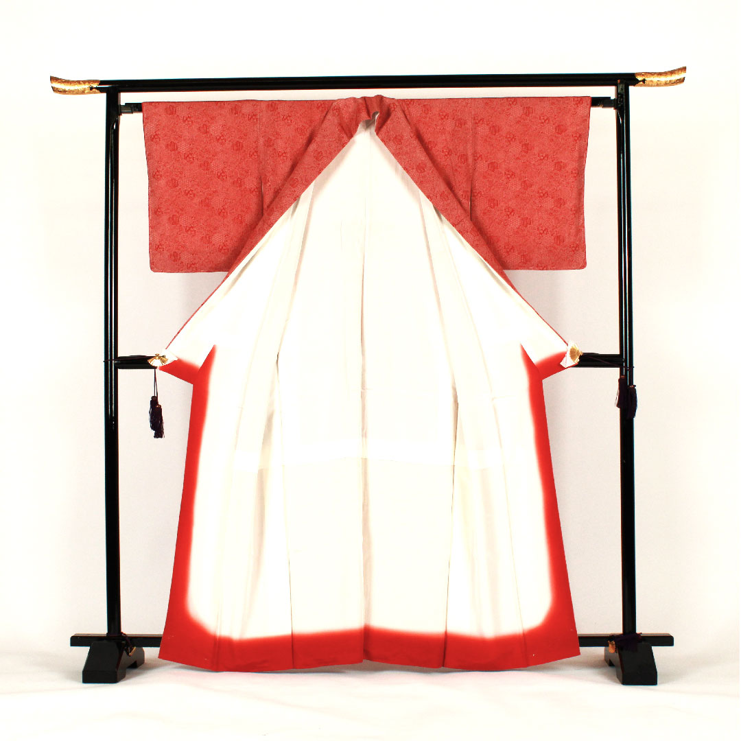 小紋 身丈164cm 裄丈64cm 袷  蝶と孔雀の羽 正絹 Sランク 朱系 1115000572316