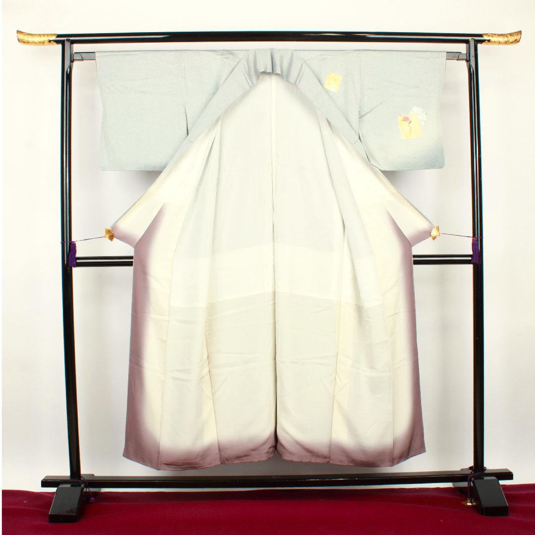 訪問着 袷 身丈149.5cm 裄丈62cm 白銅色 刺繡 金彩 草花模様 正絹 Bランク グレー系 1112001794122