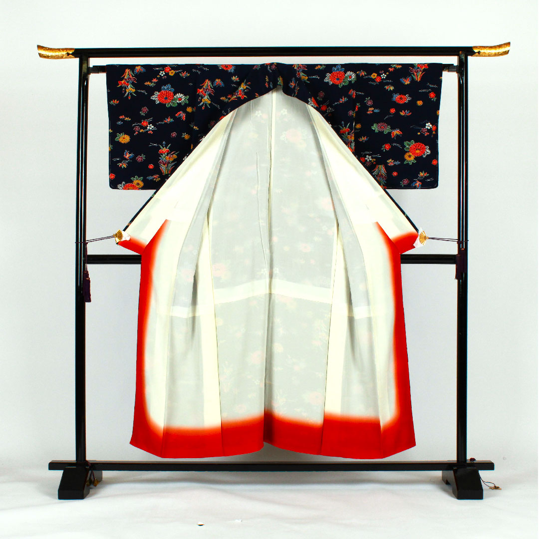 小紋 身丈154cm 裄丈66cm 袷  型染 松竹梅 花模様  正絹 Aランク 紺系 1115001213218