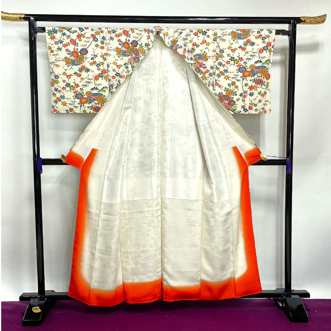 Komon Length 160cm Sleeve length 64.5cm Awase Milky white Kyo-Bingata Pine, Bamboo and Plum Pure silk S rank Cream 1115002492415