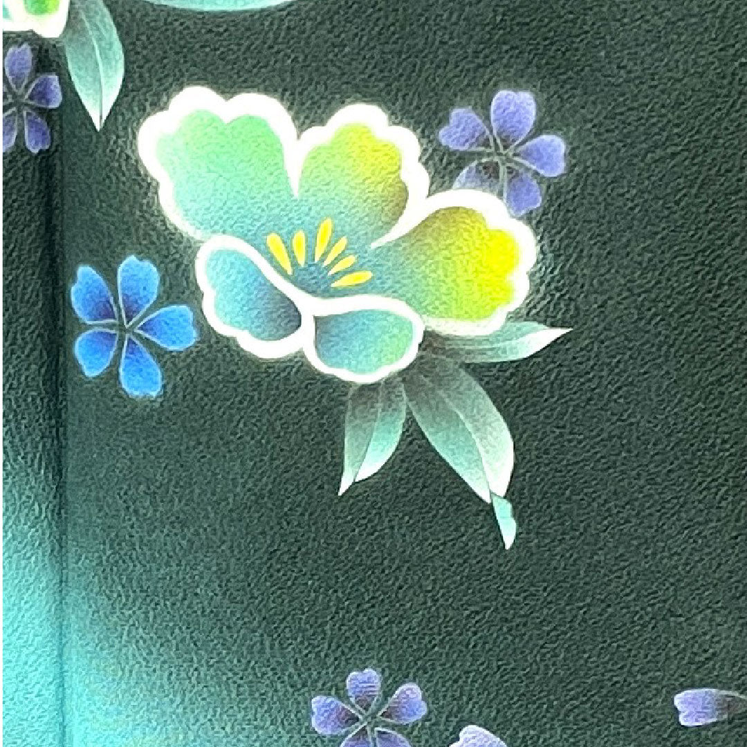 振袖 身丈165cm 裄丈70cm 袷  鉄色 京友禅 花模様  正絹 Aランク 緑系 1113001563519