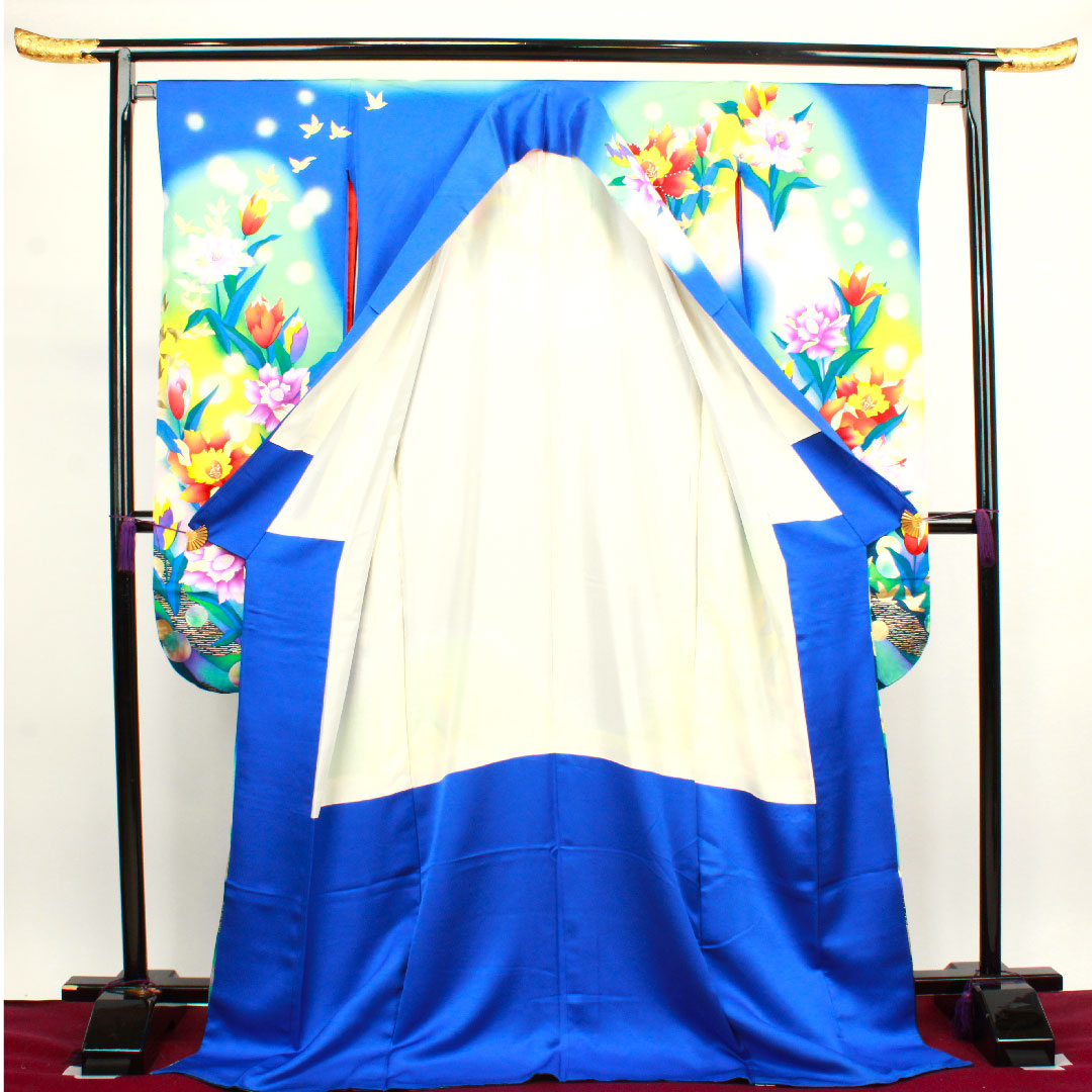 振袖 身丈176.5cm 裄丈64cm 袷  瑠璃色 花鳥模様  正絹 Bランク 紺系 1113001484818