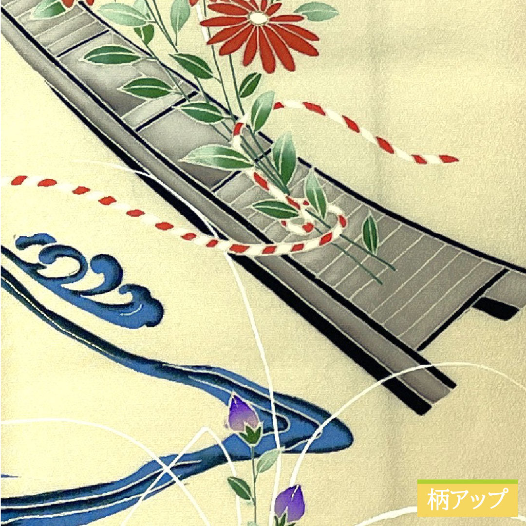 Homongi, pure silk, lined, length 156cm, sleeve length 61.5cm, light egg color, Kyo-Yuzen, A rank, cream color, 1112004563315