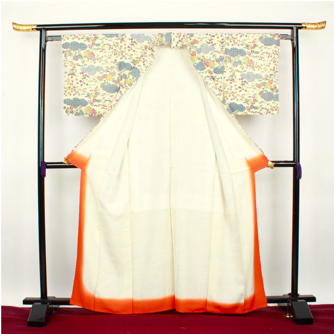 小紋 身丈162cm 裄丈63cm 袷  鳥の子色 型染 草花模様  正絹 Sランク クリーム系 1115002382415