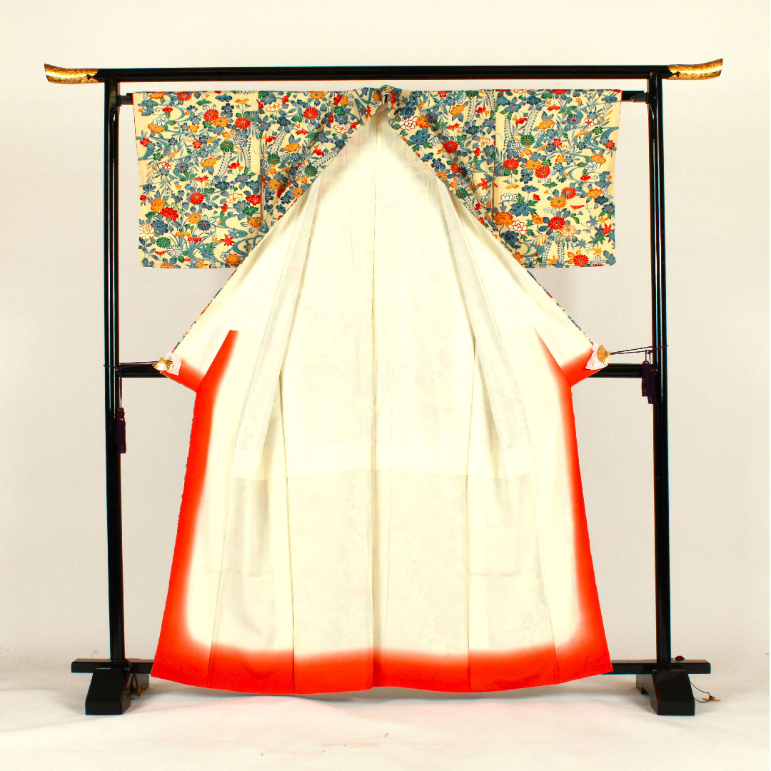 小紋 身丈163cm 裄丈66cm 袷  草花模様  ポリ Aランク クリーム系 1115001663415