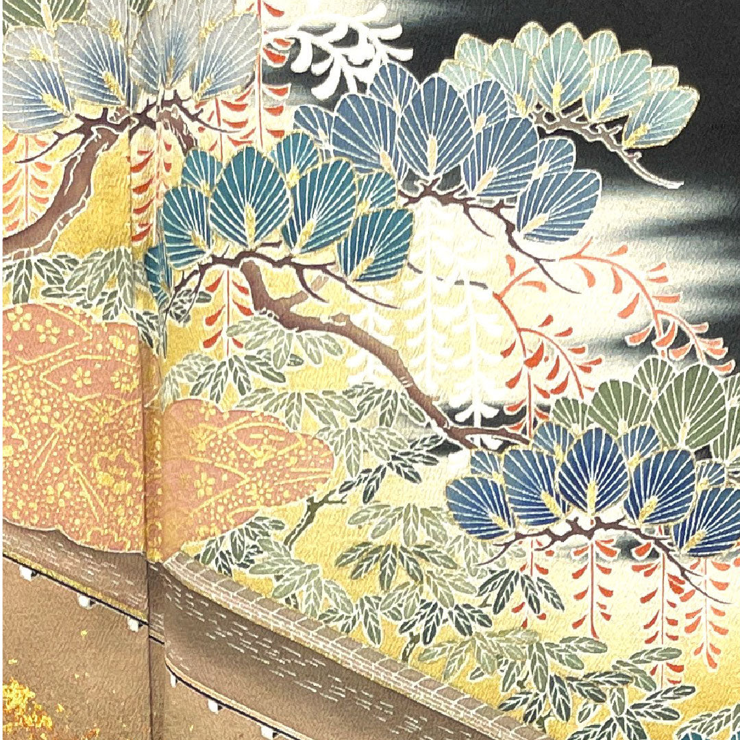 黒留袖 身丈152cm 裄丈63cm 袷 作家物 京友禅 石庭模様 桔梗 正絹 Aランク 五つ紋 黒系 1111000923210