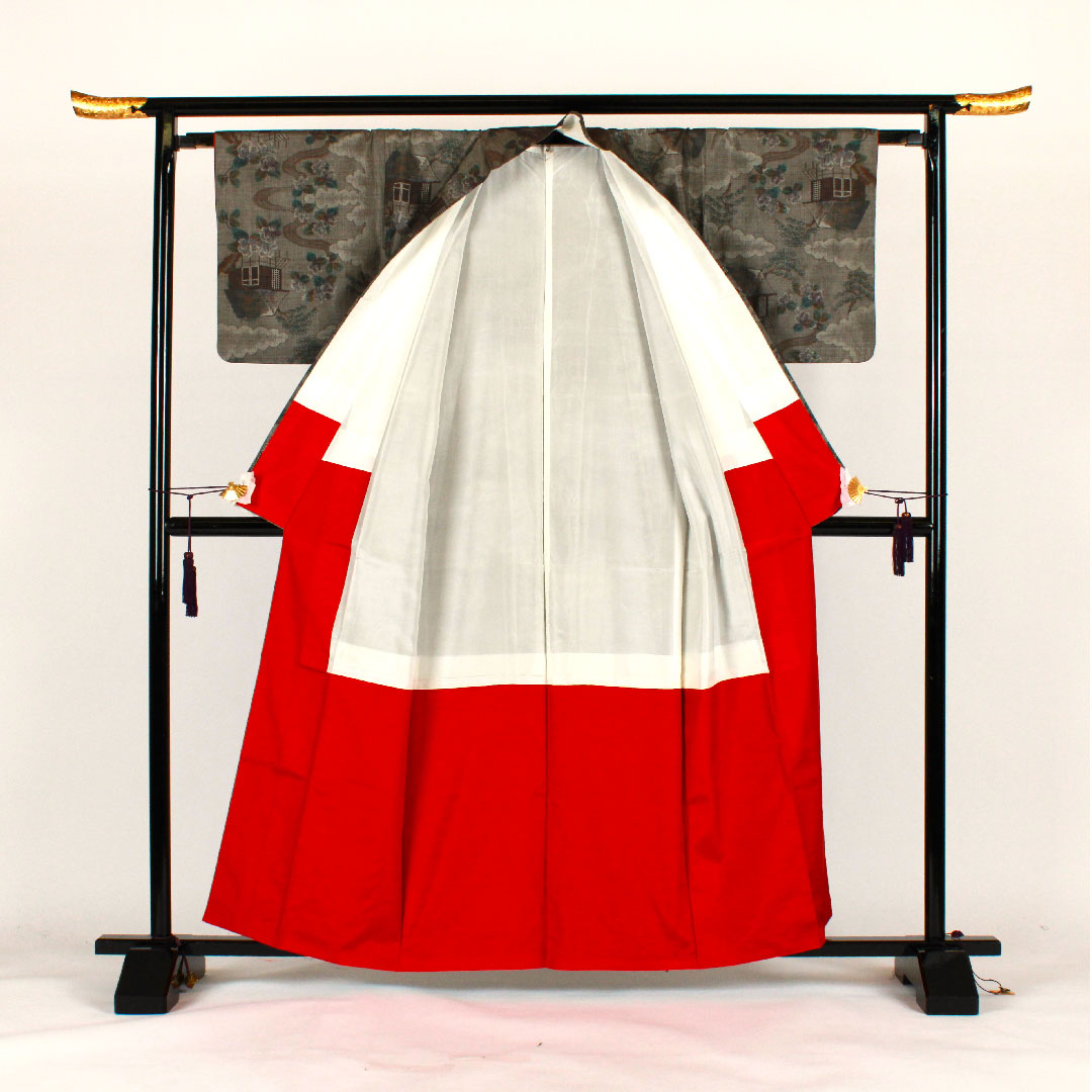 Oshima Tsumugi, Length 161cm, Sleeve length 64cm, Warp and weft ikat, Landscape pattern, Pure silk, S rank, Awase, Brown, 1116001232414