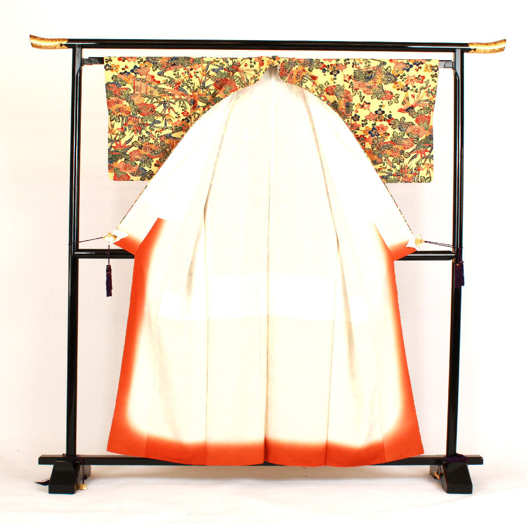 小紋 身丈158cm 裄丈65cm 袷  型染 紬地  正絹 Sランク 黄系 1115000502323