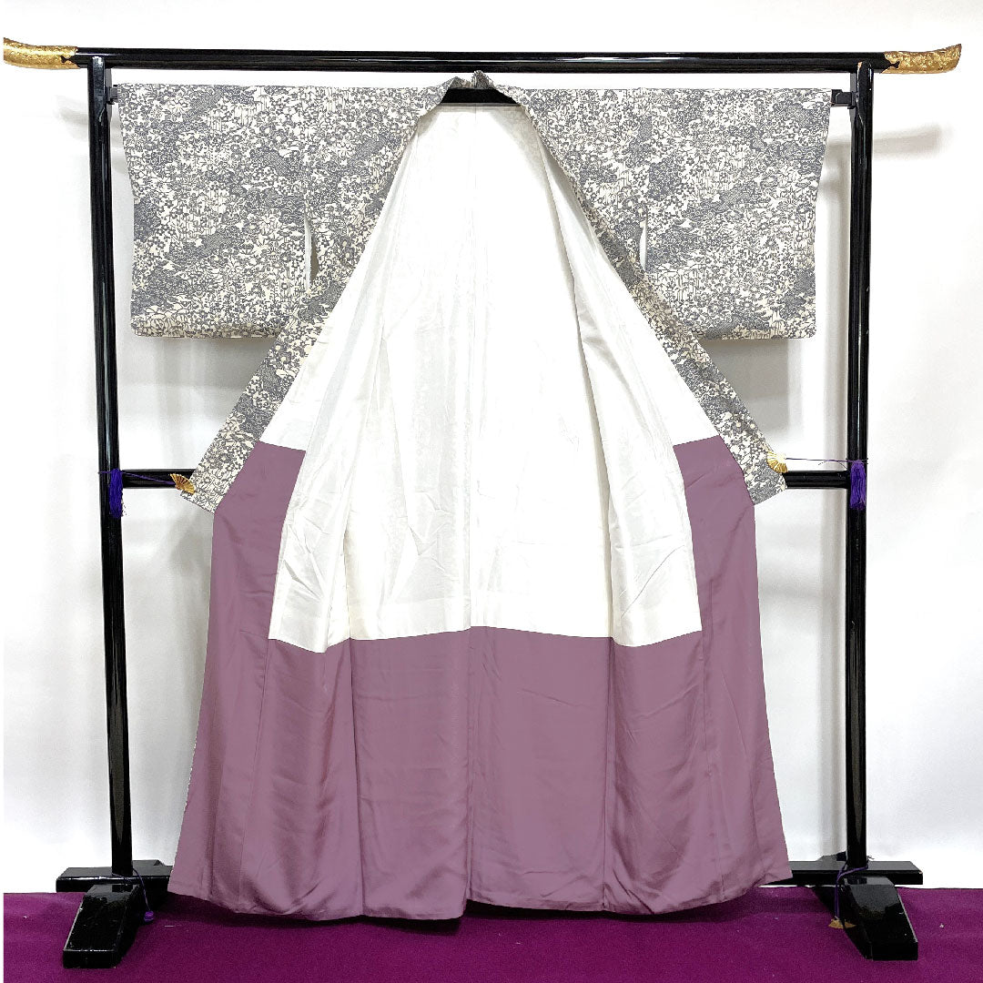 小紋 身丈164cm 裄丈64.5cm 袷 練色 型染 吉祥文様  正絹 Aランク クリーム系 1115002433415