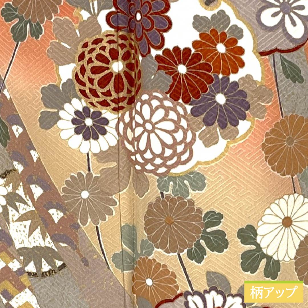 訪問着 正絹 Aランク 袷 身丈160.5cm 裄丈65.5cm 榴花紅色（リューホワホンいろ） 京友禅 雪輪 菊 橘 紗綾形 ピンク系 1112006233413