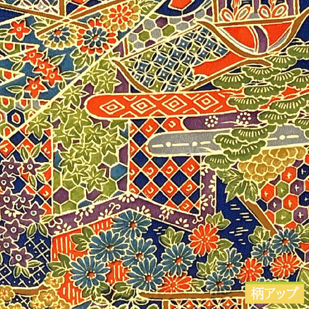 小紋 ポリエステル 身丈160cm 裄丈63.5cm 袷 紺藍色（こんあいいろ） 洗える着物 吉祥文様 Sランク 紺系 1115004612418