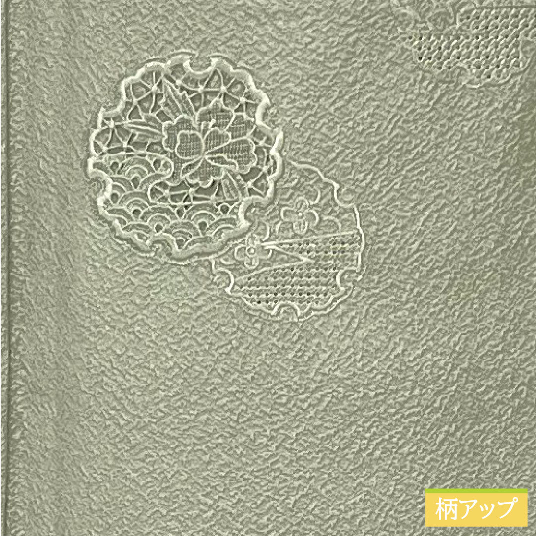 訪問着 正絹 袷 身丈156cm 裄丈62.5cm 灰色（はいいろ） 汕頭刺繡 一つ紋 片喰 雪輪 椿 Sランク グレー系 1112005022322