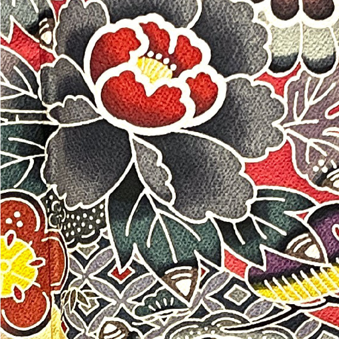 Long-sleeved kimono, length 167cm, sleeve length 68cm, lined, crimson, Kyoto Bingata, auspicious motif, Scotchguard processing, pure silk, S rank, red, 1113001692512