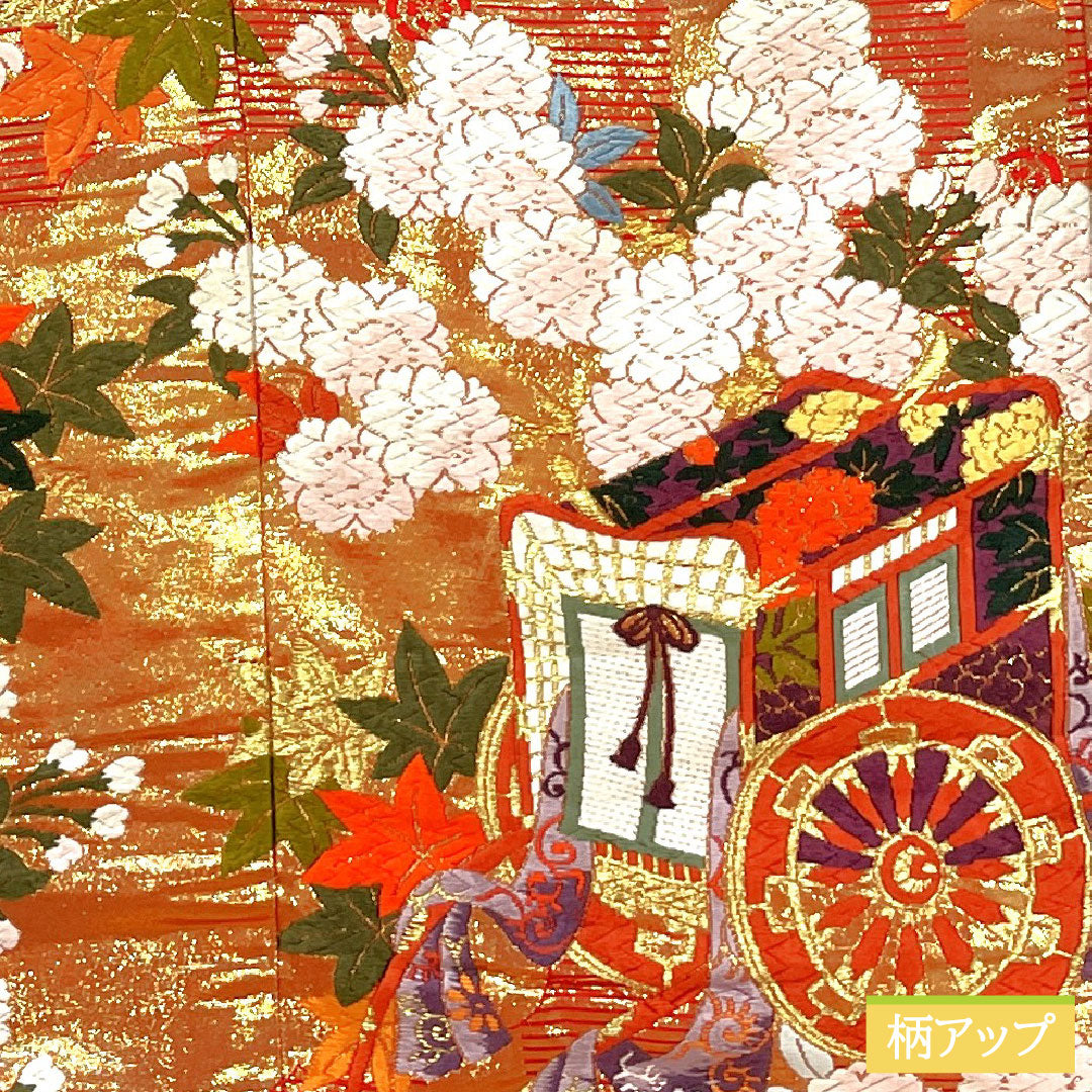 色打掛 正絹 Aランク 身丈184cm 裄丈60.5cm 唐織 蝶 草花模様 袷 朱系 1110001003916