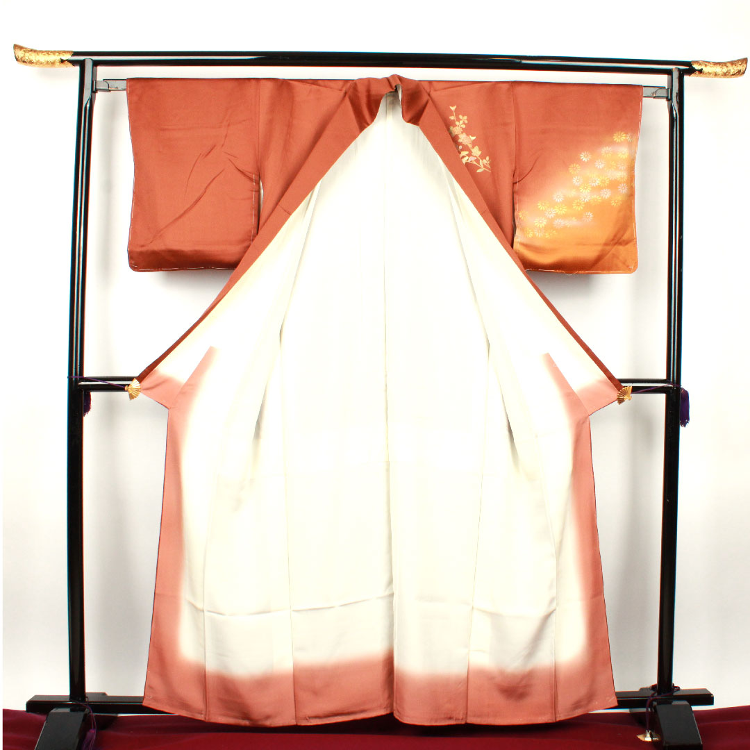 訪問着 袷 身丈161cm 裄丈63cm 唐茶色 金彩加工 菊 正絹 Sランク 茶系 1112001532414