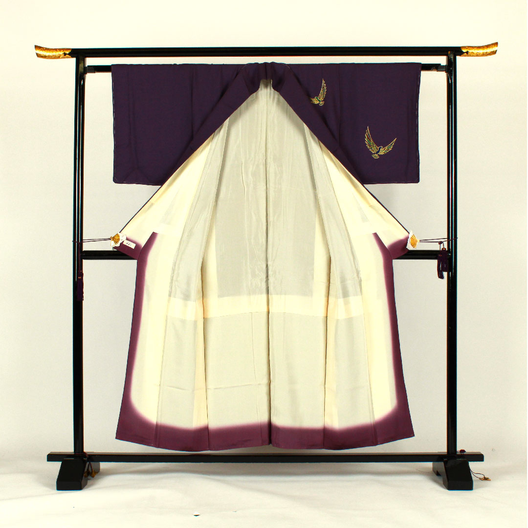 訪問着 袷 身丈154cm 裄丈62cm 斉藤三才 寿光織 鳥柄 正絹 Aランク 紫系 1112000883220