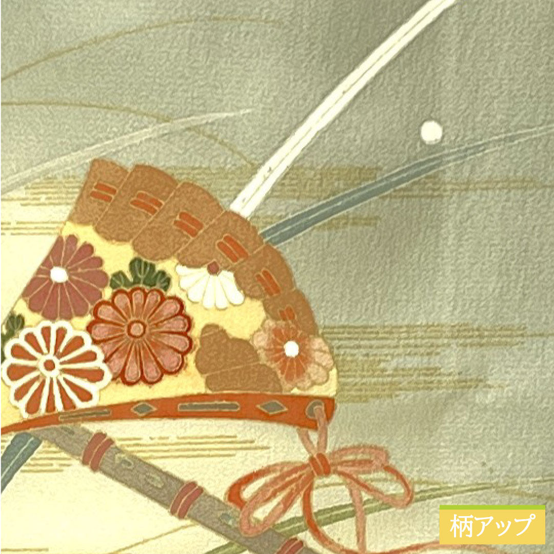 Homongi, pure silk, lined, length 167cm, sleeve length 62.5cm, white-green, Kyo-Yuzen, fan, dew grass, B rank, green, 1112004934519