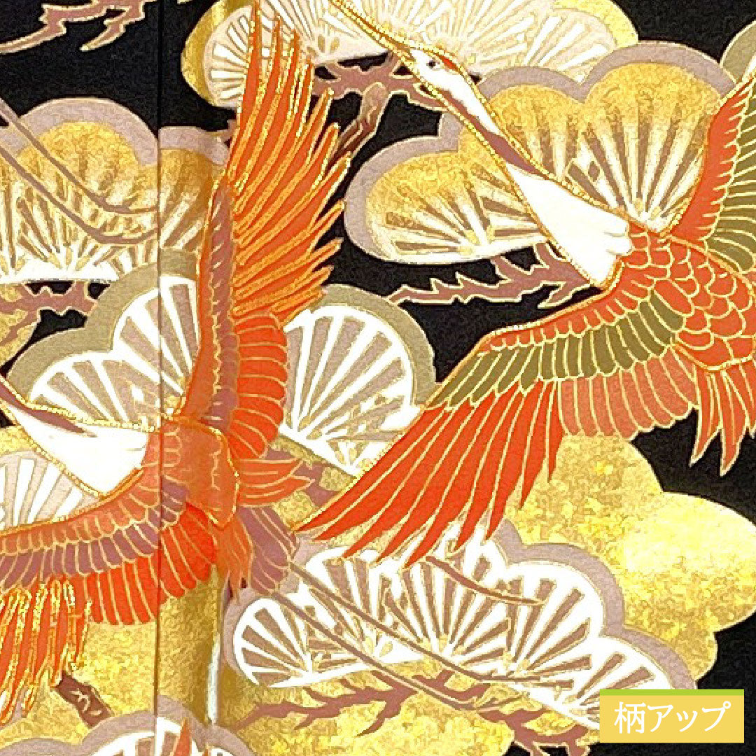 Black formal kimono, pure silk, length 162.5cm, sleeve length 64cm, lined, Kyoto Yuzen, crane, pine, artist's work, five crests, five-three paulownia, A rank, black, 1111001623410