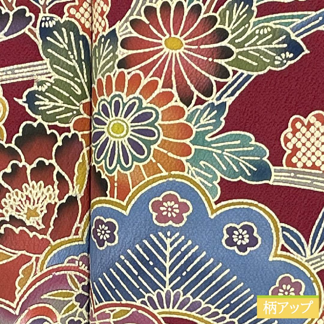 振袖 正絹 Sランク 身丈164cm 裄丈67cm 袷 臙脂色（えんじいろ） 京紅型 吉祥文様 ちりめん地 パールトーン加工 赤系 1113002492412