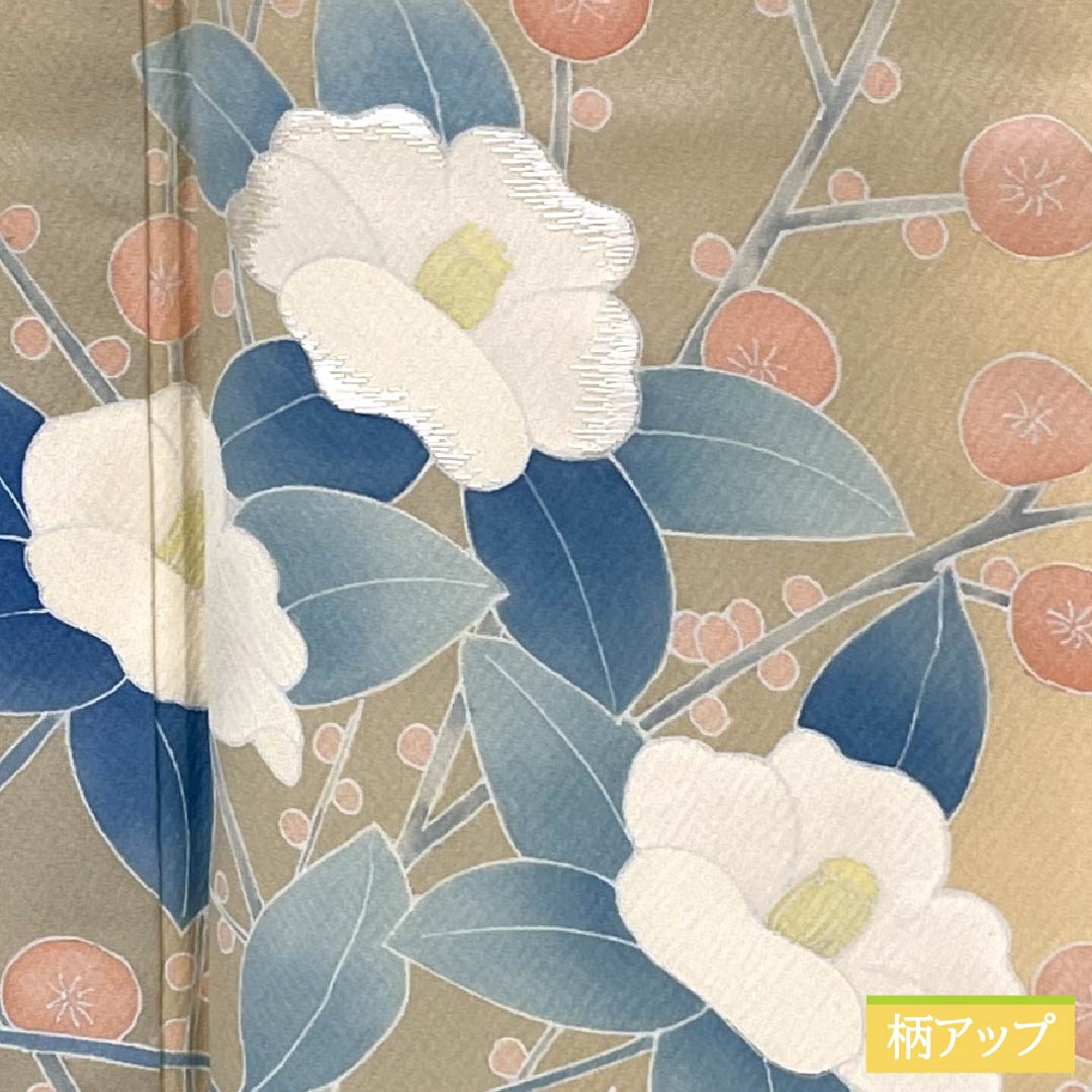 訪問着 正絹 Aランク 袷 身丈166.5cm 裄丈62.5cm 薄柿色（うすがきいろ） 京友禅 椿 橙系 1112006363526