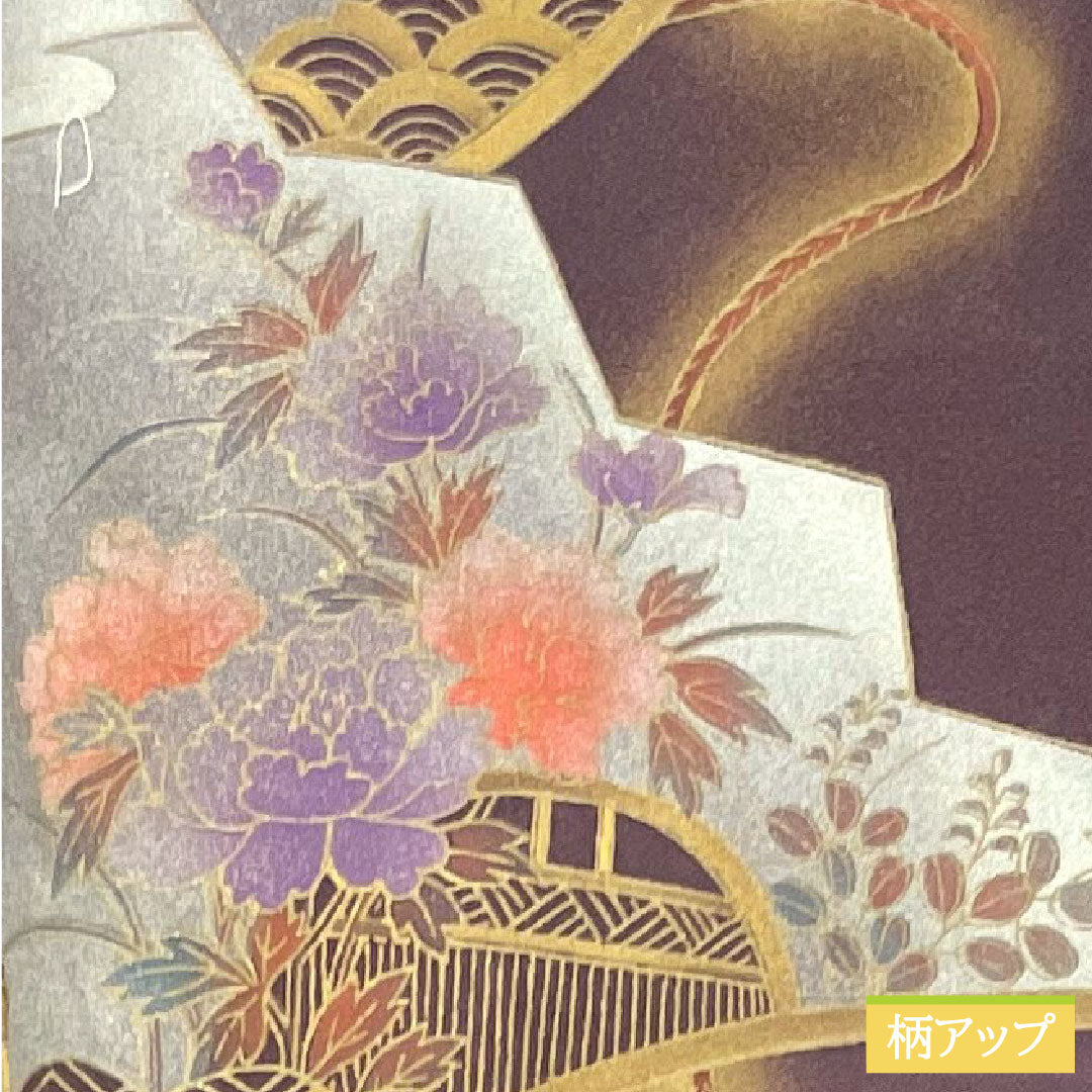 Homongi, pure silk, lined, length 160cm, sleeve length 64cm, purple, Kyoto Yuzen, fan, auspicious motif, S rank, purple, 1112004282420