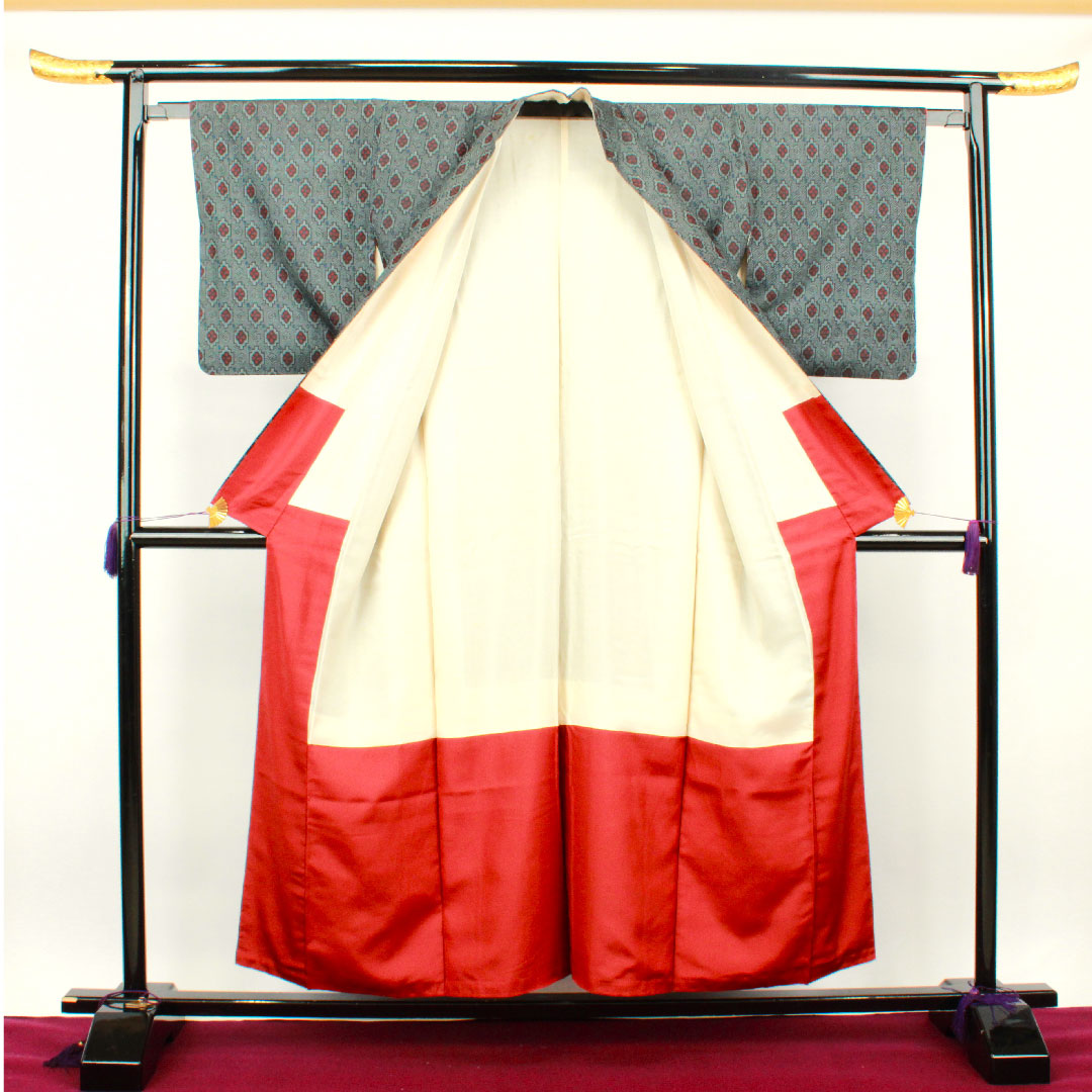 村山大島 身丈154cm 裄丈63cm 幾何学模様 正絹 Aランク 袷 紺系 1116002133218