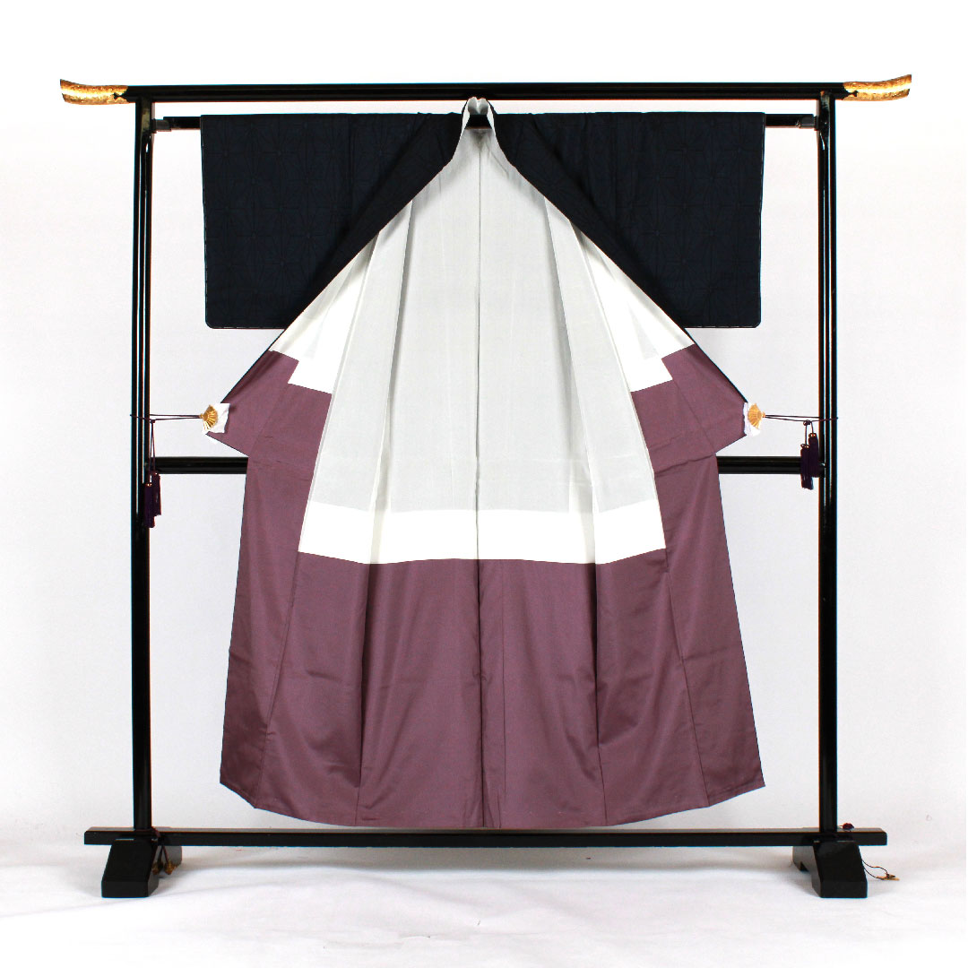 大島紬 身丈156cm 裄丈62cm 経緯絣 麻の葉 正絹 Sランク 袷 紺系 1116001202318