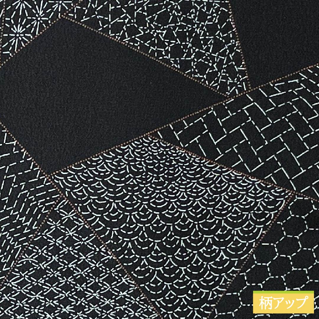 小紋 ポリエステル Sランク 身丈157cm 裄丈62cm 袷 割付文様 洗える着物 しつけ糸付き 黒系 1115007442310